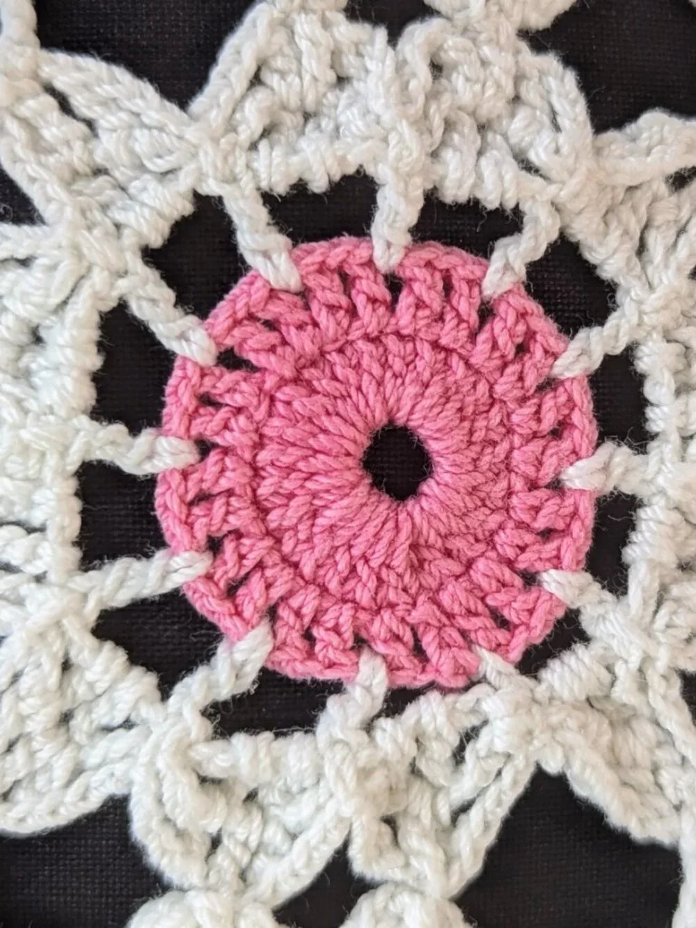 Boho Cottagecore Crochet Quilt ~ Bright Pink/White ~ Hand Crocheted Cotton